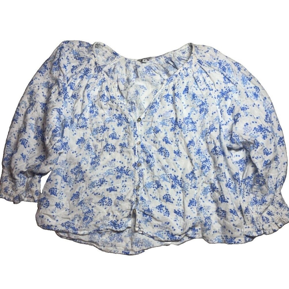 Rails W Sz Xl Peasant Top Blouse Floral Blue White Flutter Button Up Linen